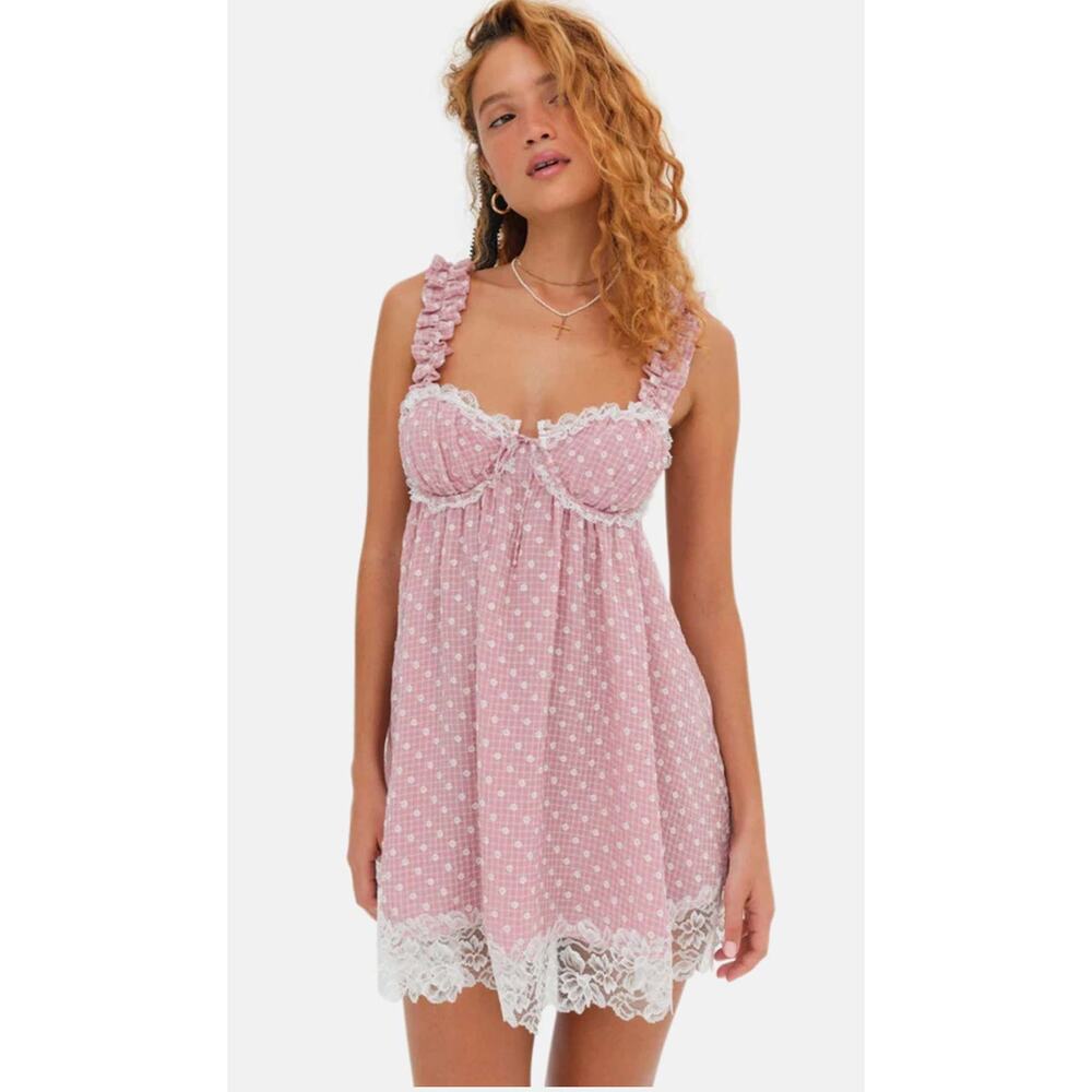 For Love & Lemons Melanie Mini Slip Pink Dress Womens Medium